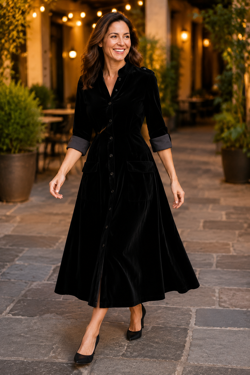 Delphine — Women’s Button Front Velvet Midi Dress