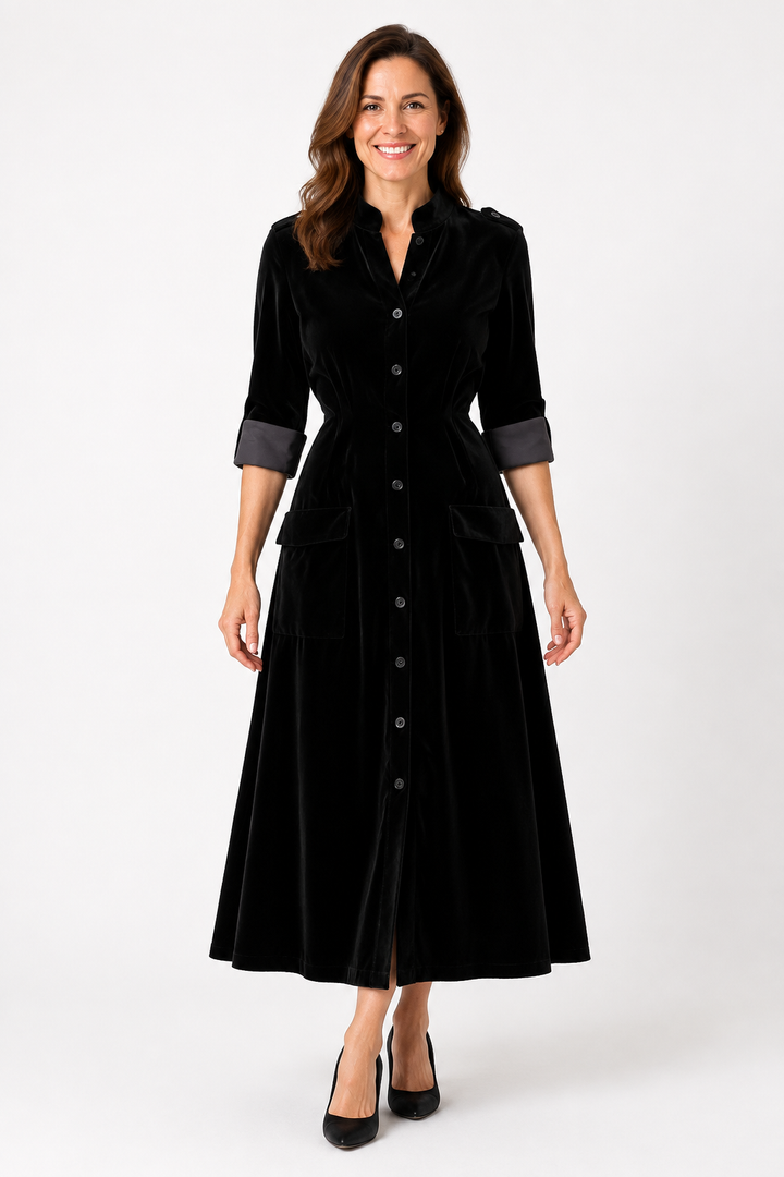 Delphine — Women’s Button Front Velvet Midi Dress