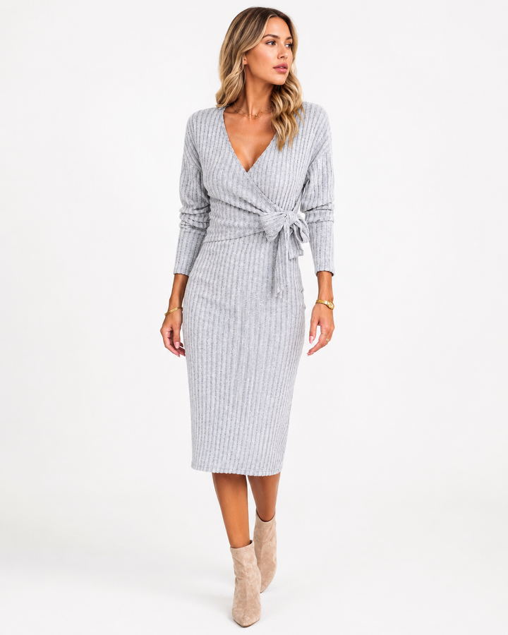 Helena — Wrap-Front Ribbed Knit Midi Dress