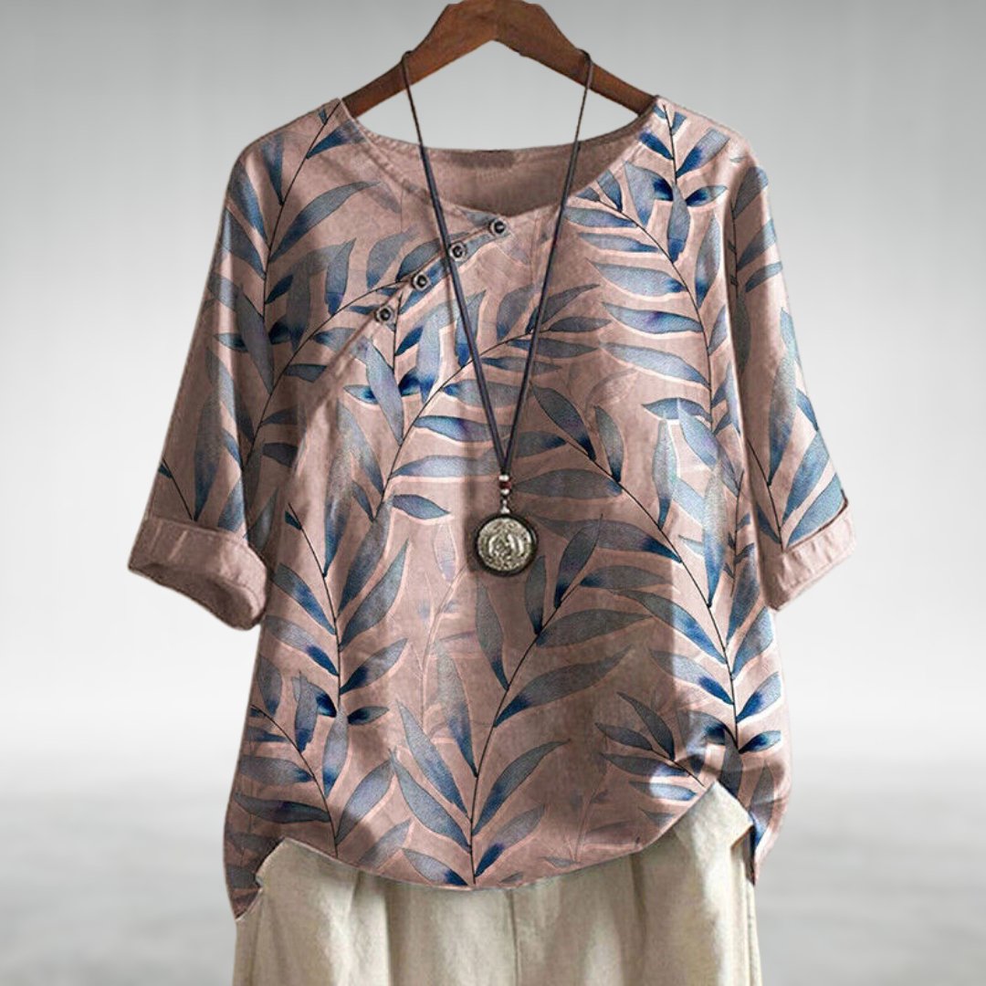 Liesel — Leaf Print Asymmetric Button Blouse