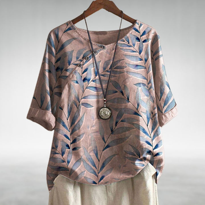 Liesel — Leaf Print Asymmetric Button Blouse