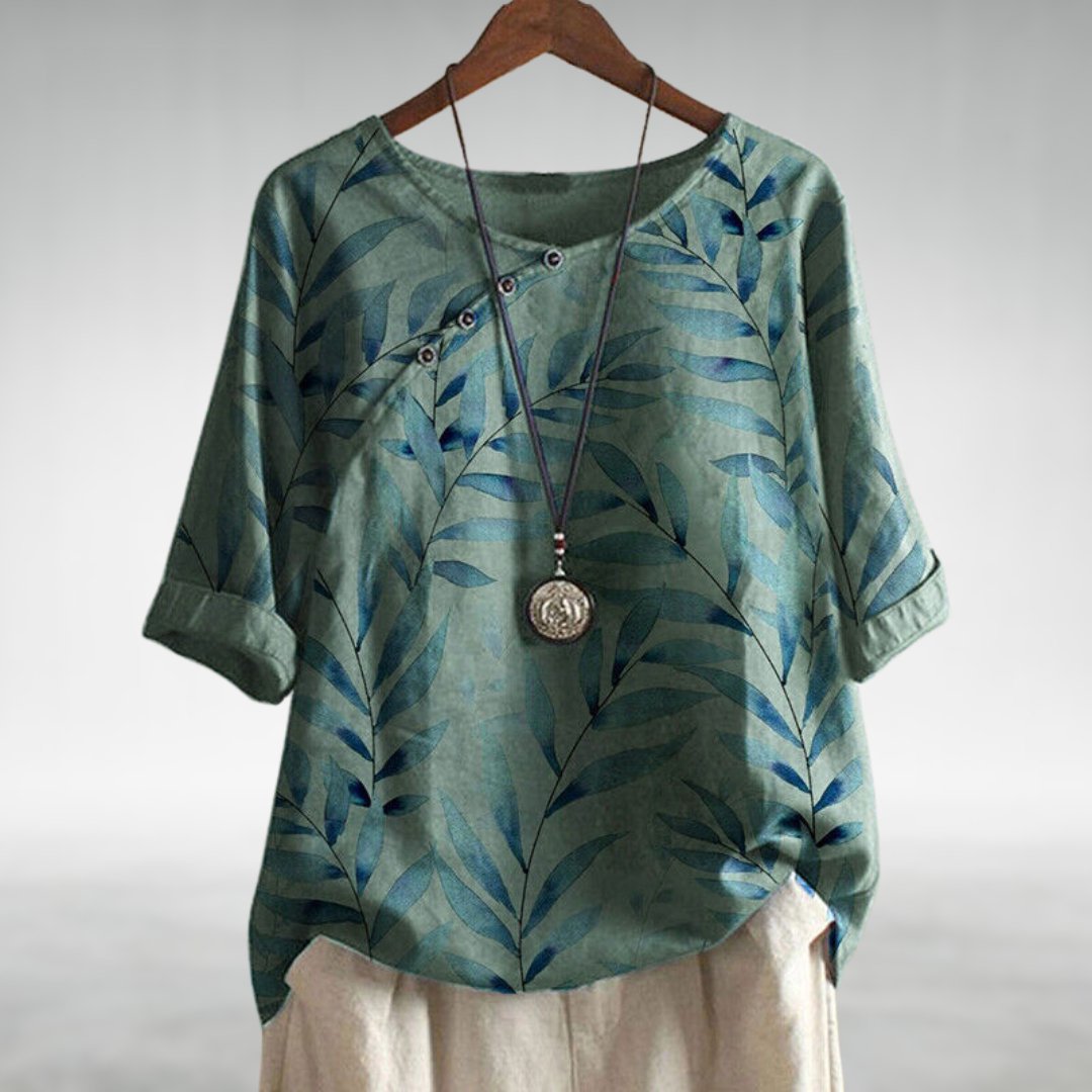 Liesel — Leaf Print Asymmetric Button Blouse