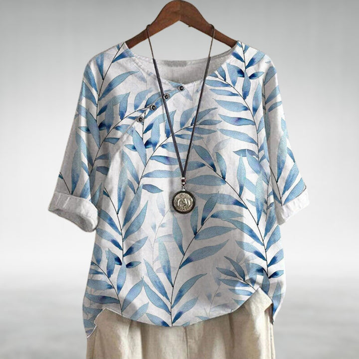 Liesel — Leaf Print Asymmetric Button Blouse