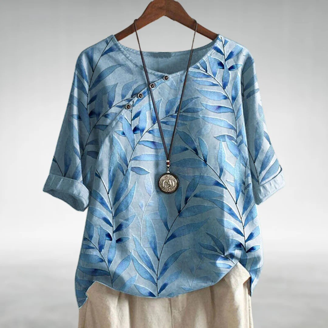 Liesel — Leaf Print Asymmetric Button Blouse