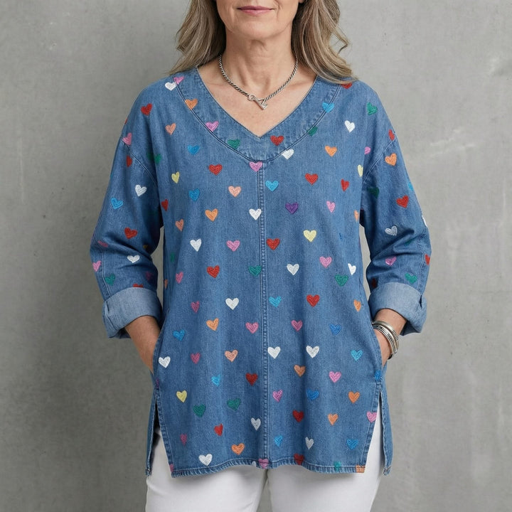 Ivy — Heart Print V-Neck Top