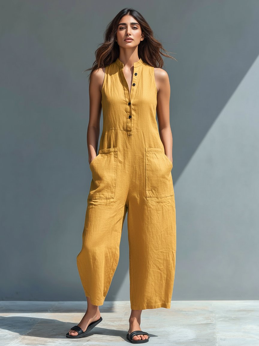 Estelle — Stand-Collar Linen Jumpsuit