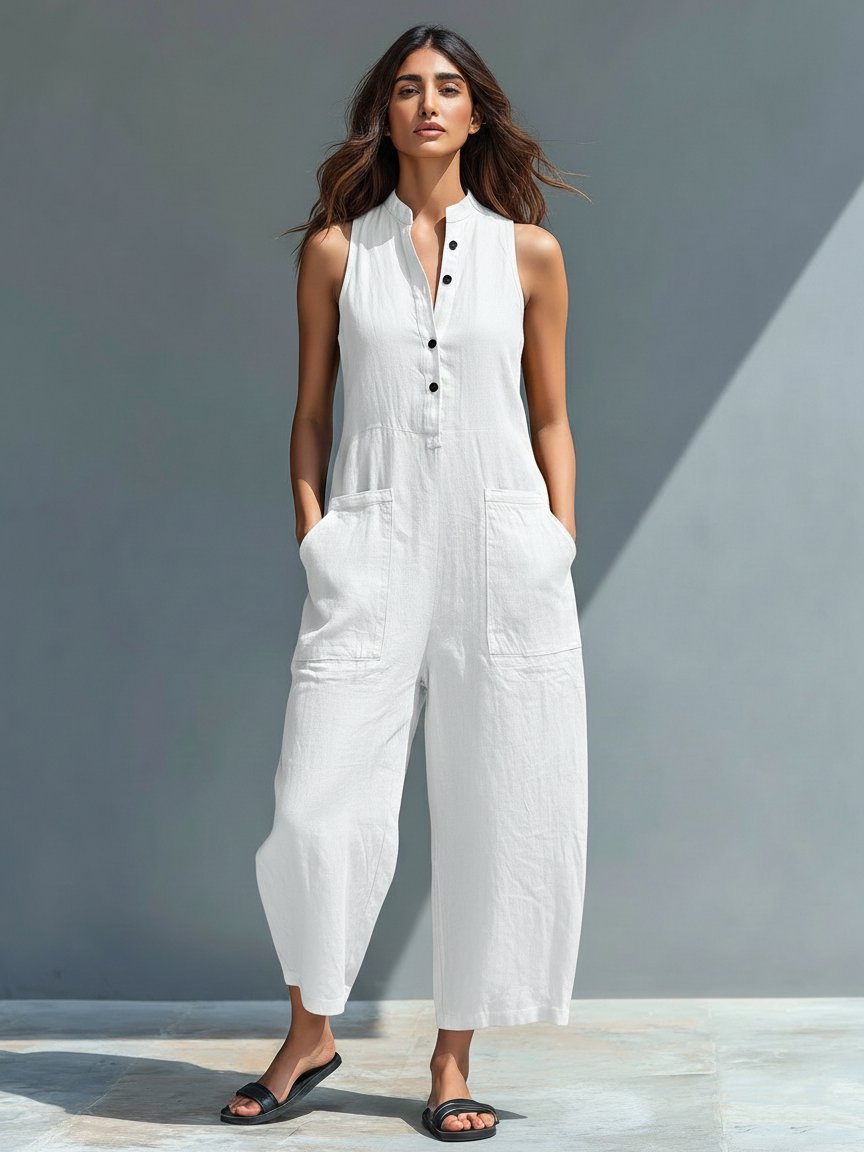 Estelle — Stand-Collar Linen Jumpsuit