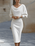 Adriana — Women's Cowl-Neck Draped Knit Midi Dress