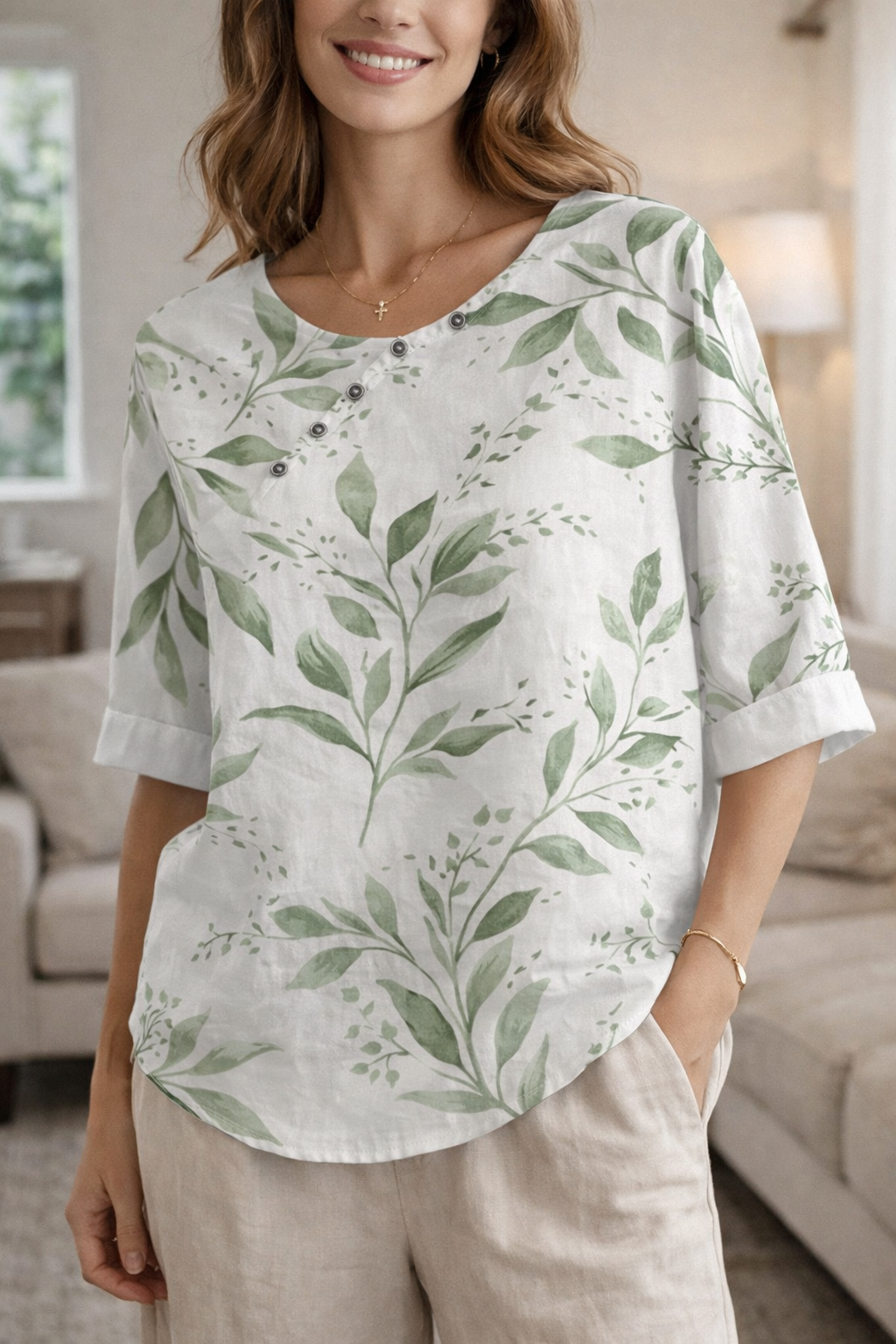 Elodie — 3/4-Sleeve Floral Button Blouse