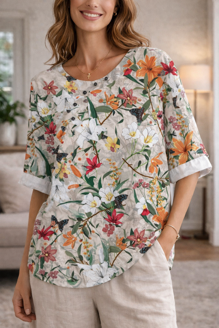 Elodie — 3/4-Sleeve Floral Button Blouse