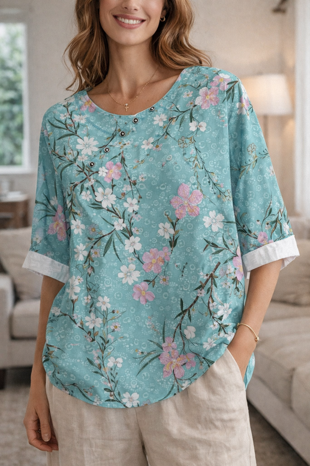 Elodie — 3/4-Sleeve Floral Button Blouse
