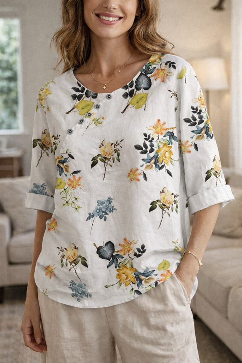 Elodie — 3/4-Sleeve Floral Button Blouse