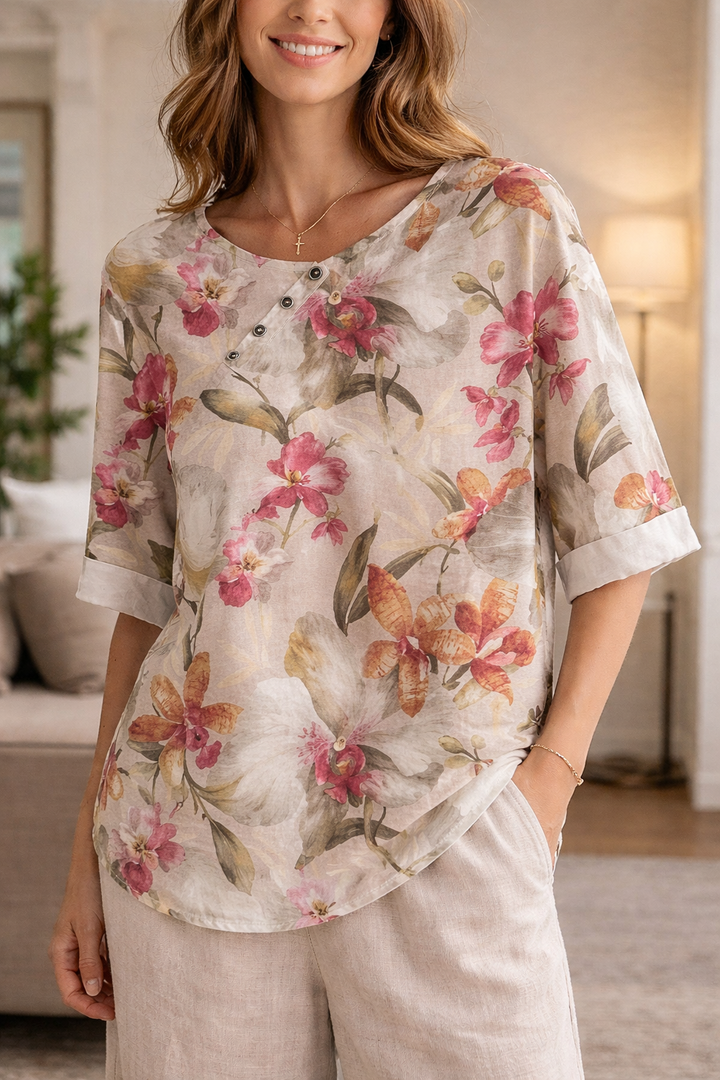 Elodie — 3/4-Sleeve Floral Button Blouse