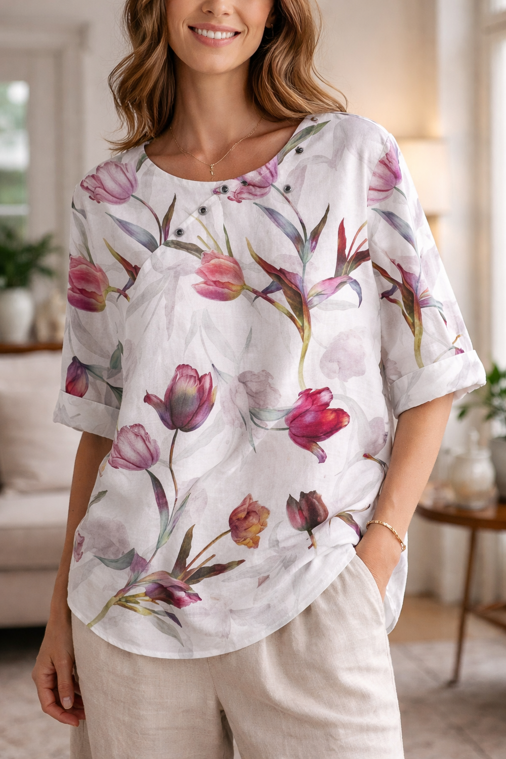 Elodie — 3/4-Sleeve Floral Button Blouse