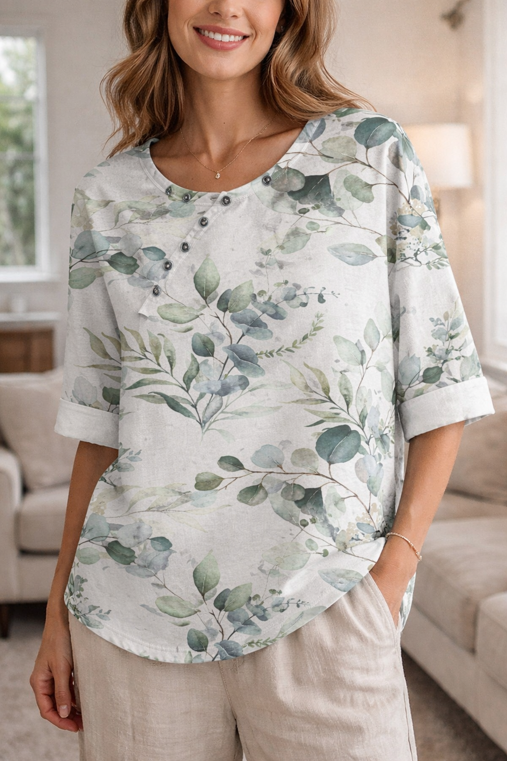 Elodie — 3/4-Sleeve Floral Button Blouse