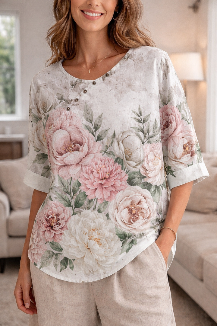 Elodie — 3/4-Sleeve Floral Button Blouse
