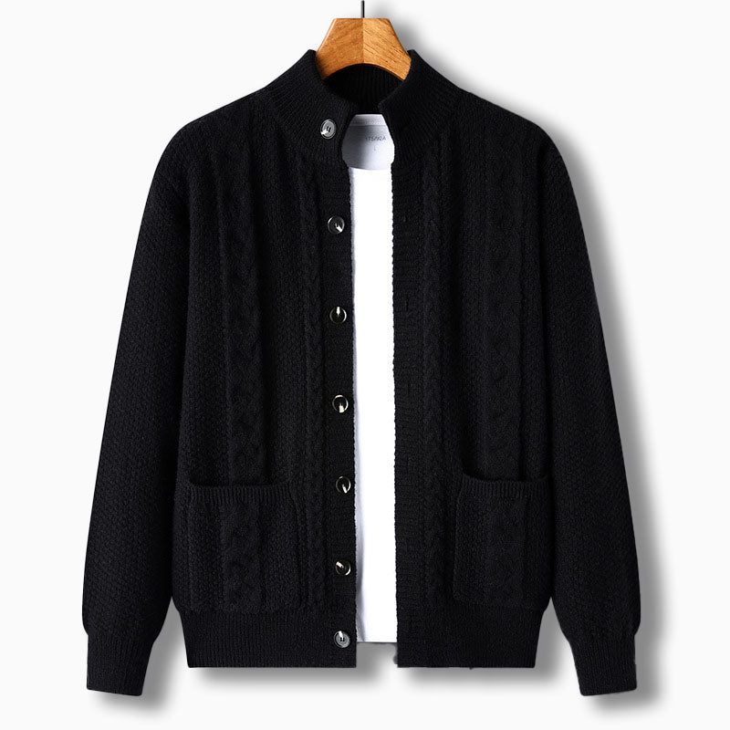 Cormac — Cable-Detail Stand-Collar Cardigan
