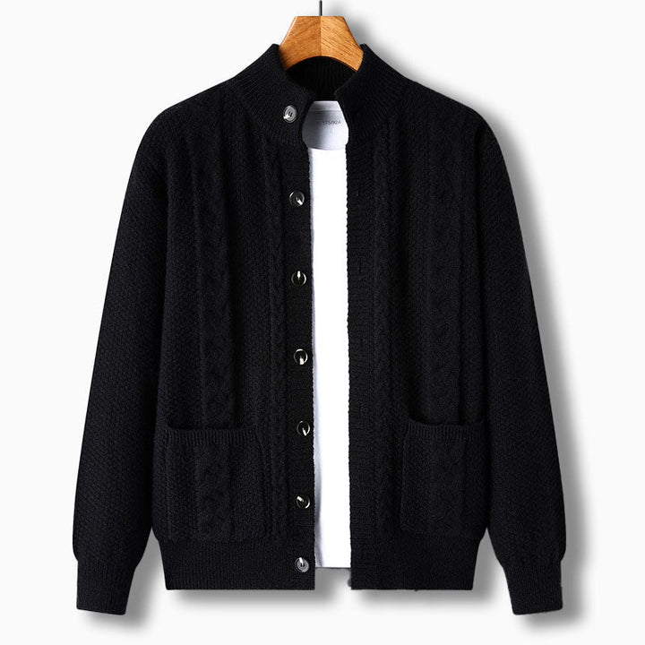 Cormac — Cable-Detail Stand-Collar Cardigan
