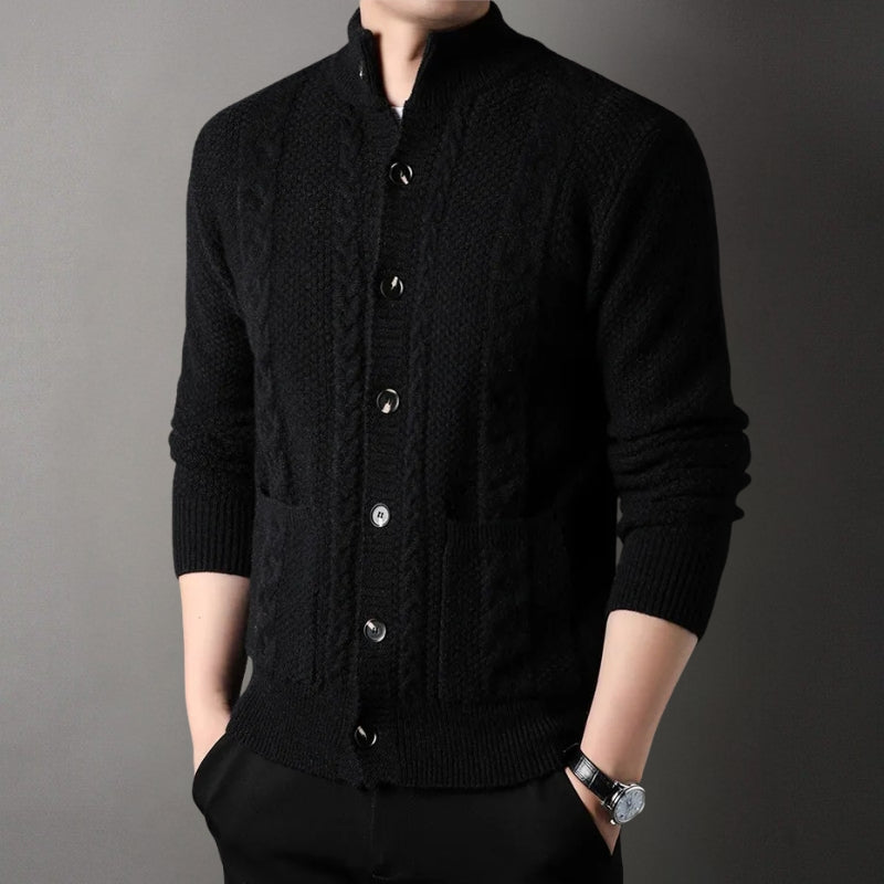 Cormac — Cable-Detail Stand-Collar Cardigan