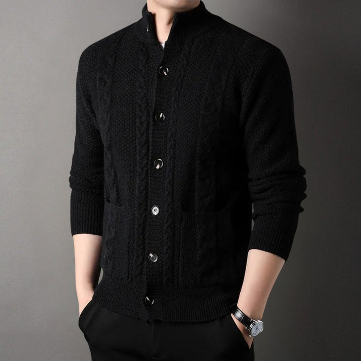 Cormac — Cable-Detail Stand-Collar Cardigan