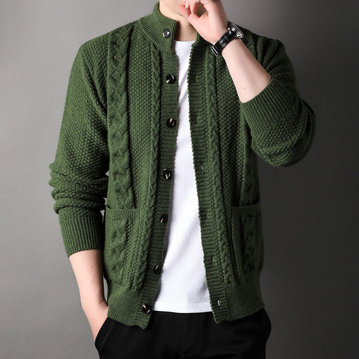 Cormac — Cable-Detail Stand-Collar Cardigan