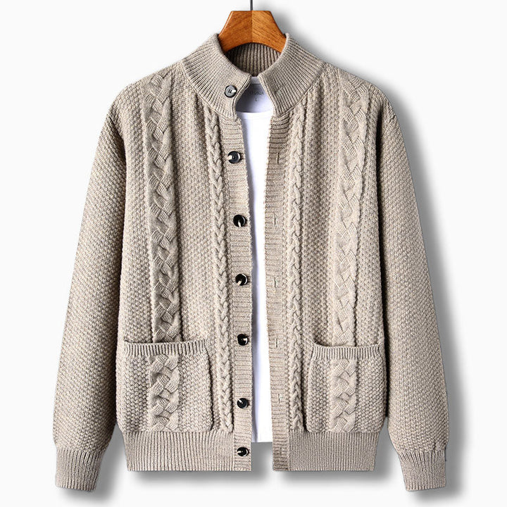 Cormac — Cable-Detail Stand-Collar Cardigan