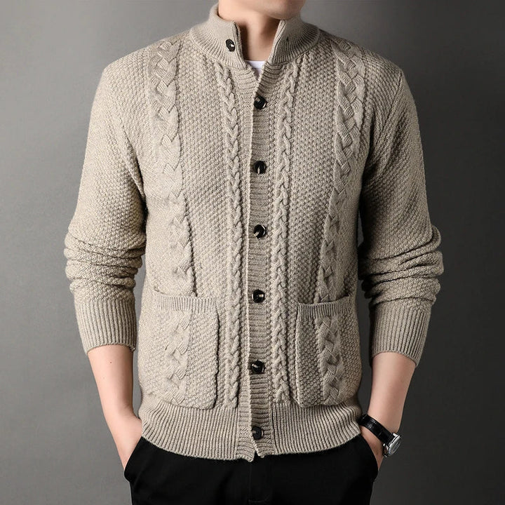 Cormac — Cable-Detail Stand-Collar Cardigan