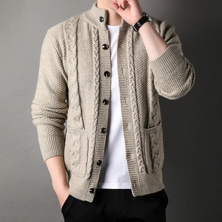 Cormac — Cable-Detail Stand-Collar Cardigan