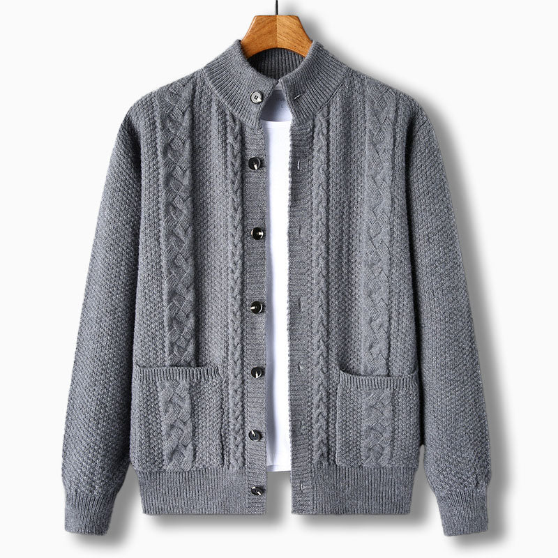 Cormac — Cable-Detail Stand-Collar Cardigan