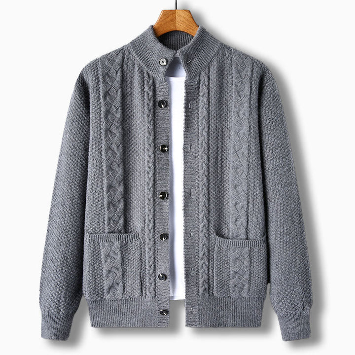 Cormac — Cable-Detail Stand-Collar Cardigan