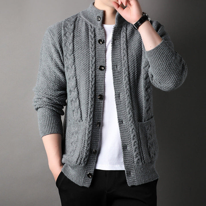 Cormac — Cable-Detail Stand-Collar Cardigan