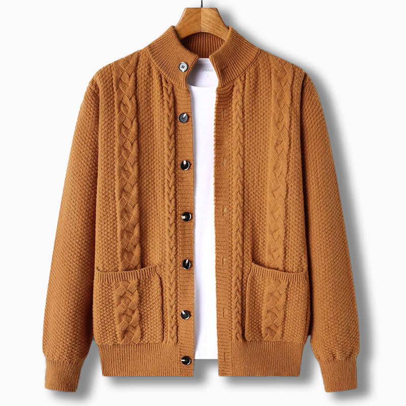 Cormac — Cable-Detail Stand-Collar Cardigan