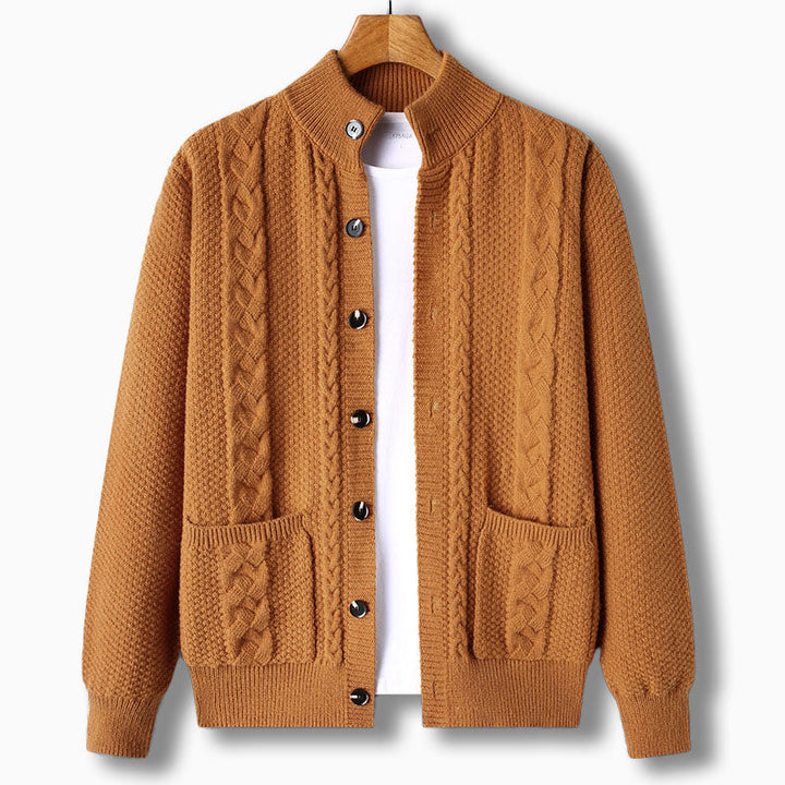 Cormac — Cable-Detail Stand-Collar Cardigan