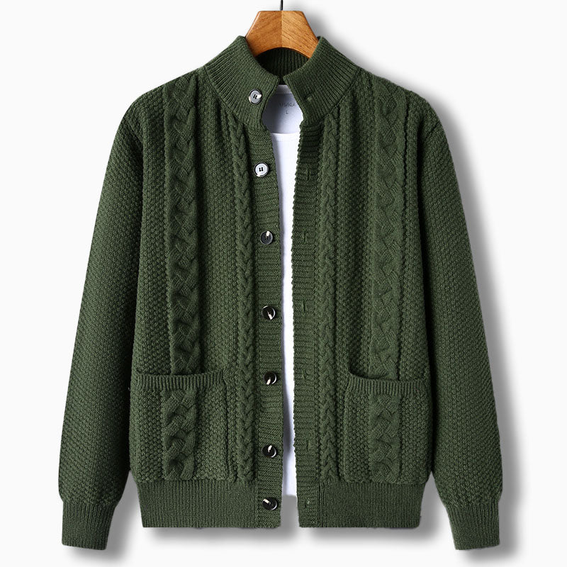 Cormac — Cable-Detail Stand-Collar Cardigan
