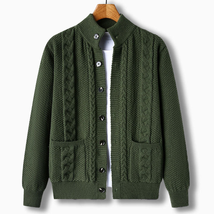 Cormac — Cable-Detail Stand-Collar Cardigan