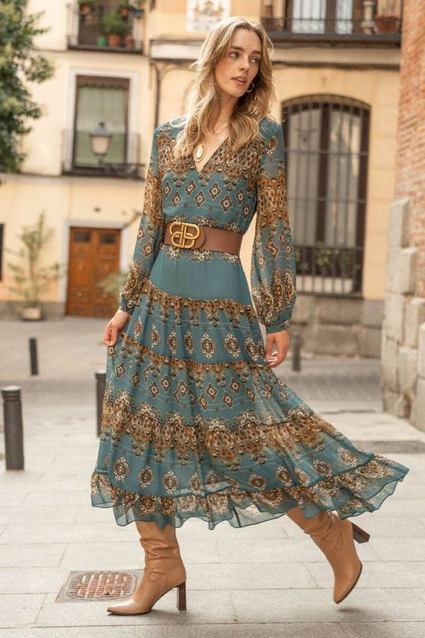 Genoveva — Boho Medallion Puff-Sleeve Midi Dress