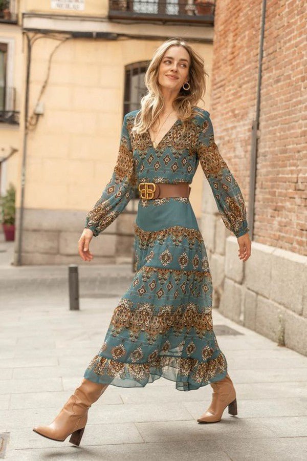 Genoveva — Boho Medallion Puff-Sleeve Midi Dress