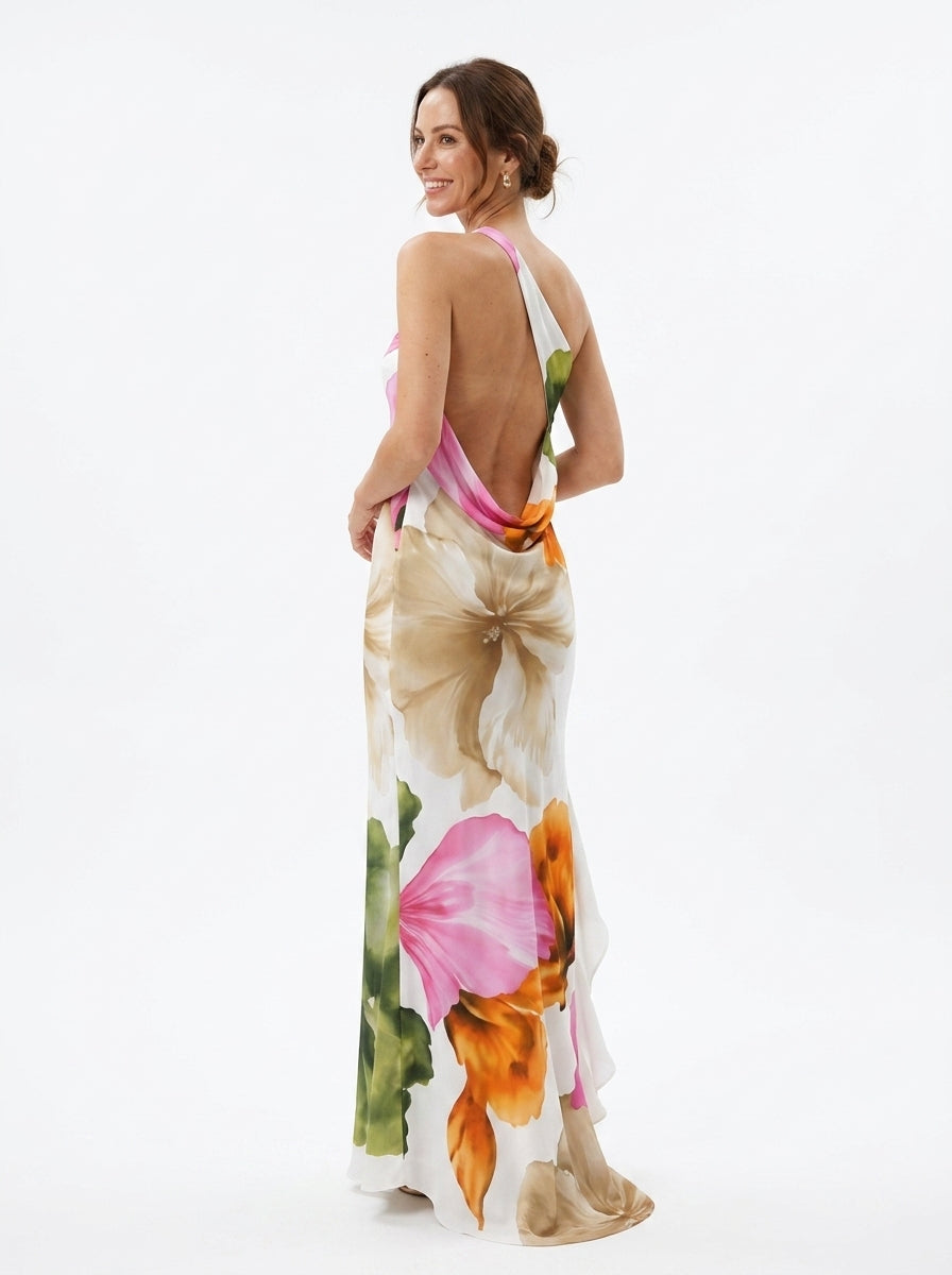 One-shoulder maxi dress — Backless Detail View | Generated by Modelize