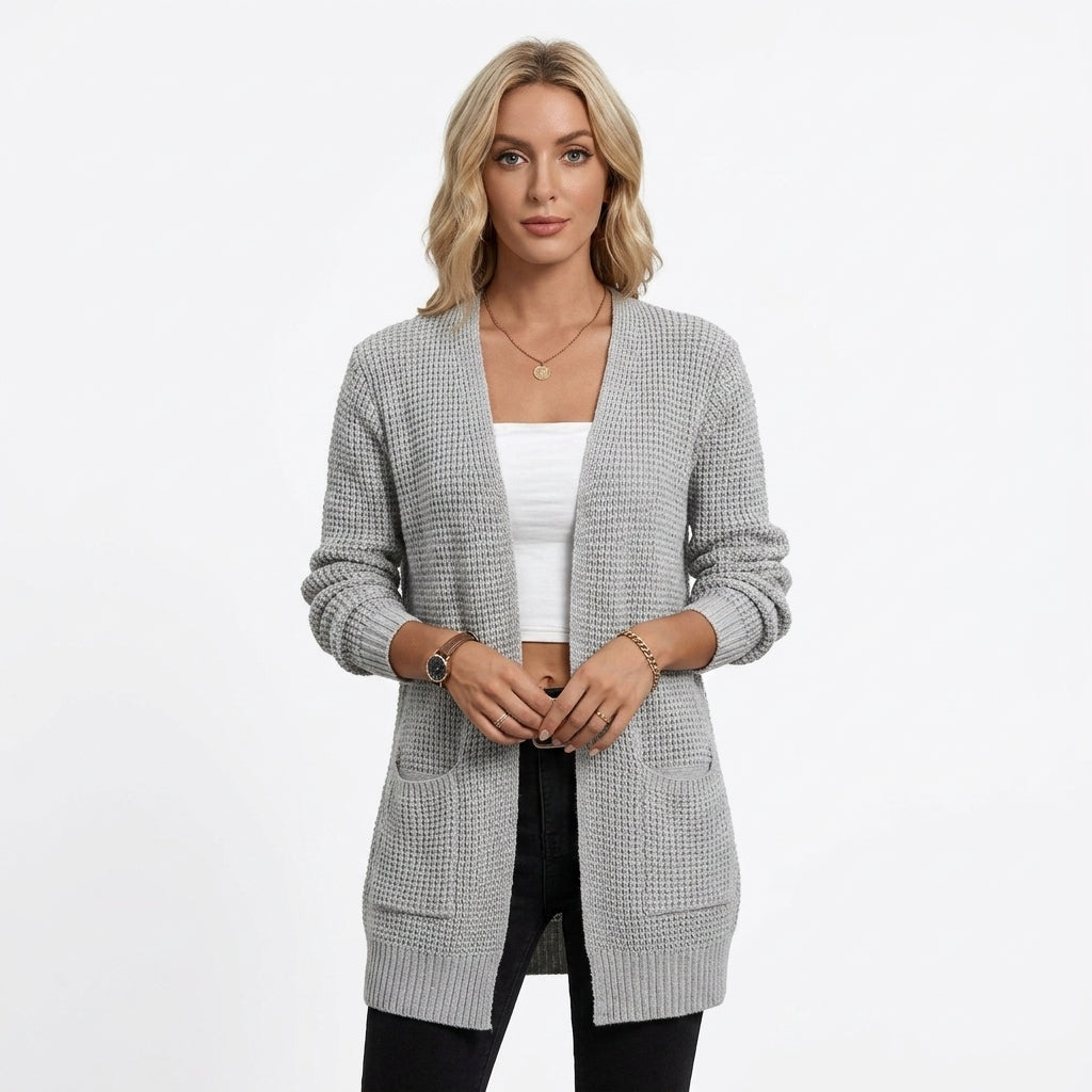Draped open-front cardigan — Studio - Clean | Generated by Modelize