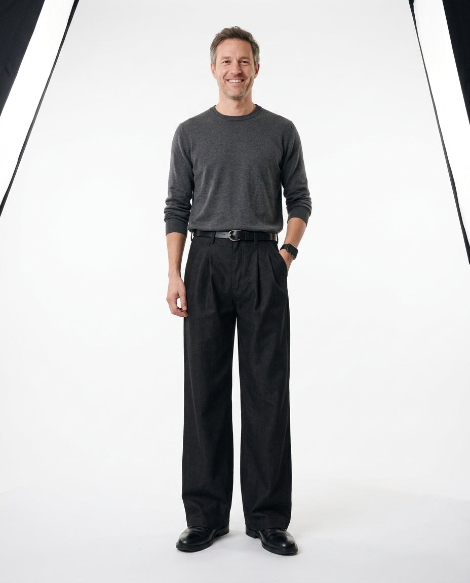 Pleated wide-leg jeans — Studio Front View | Generated by Modelize
