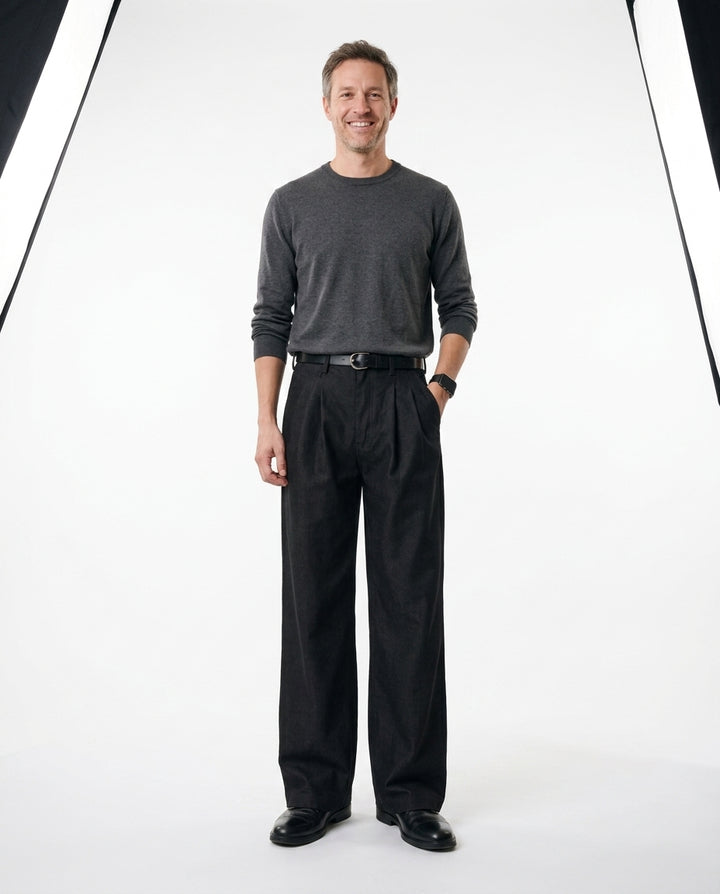 Pleated wide-leg jeans — Studio Front View | Generated by Modelize