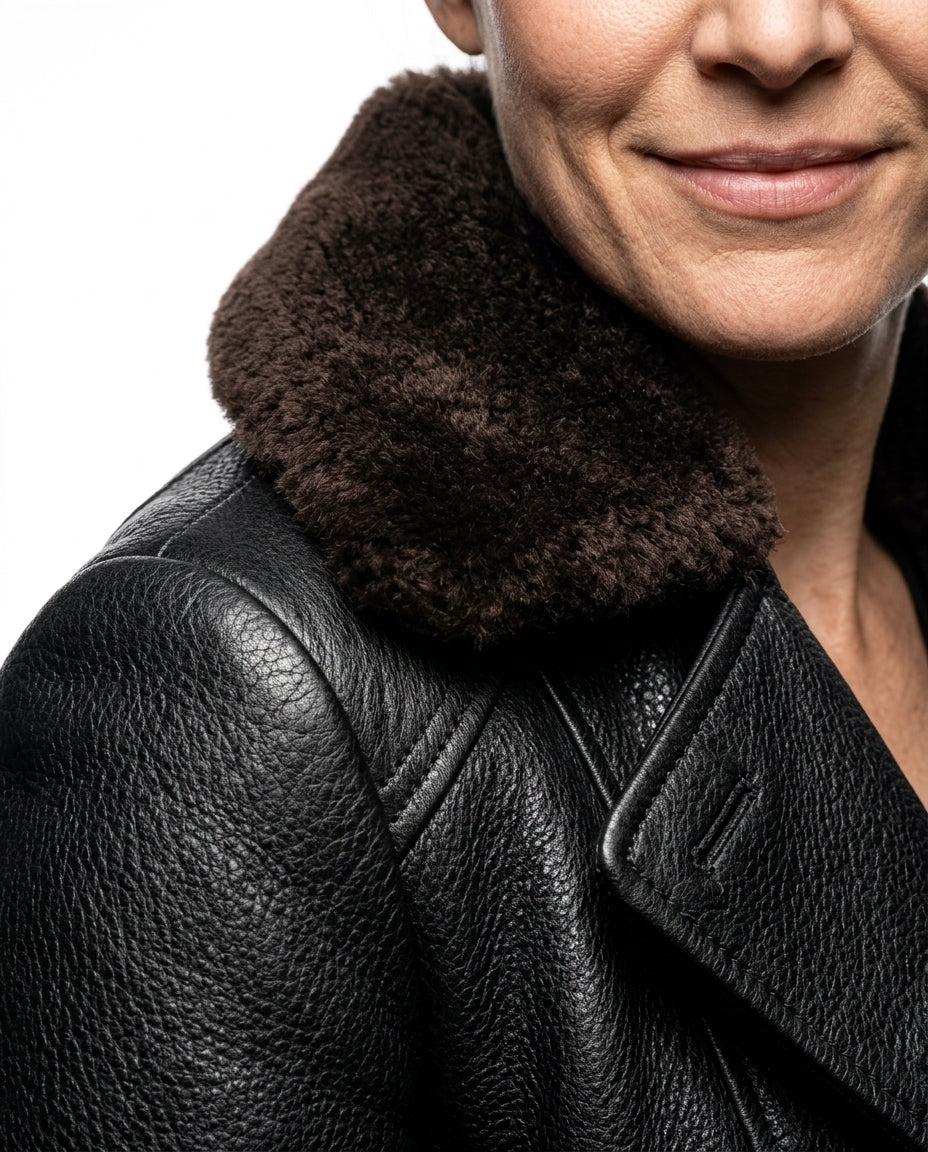 Three-quarter leather coat — Leather and Collar Detail | Generated by Modelize