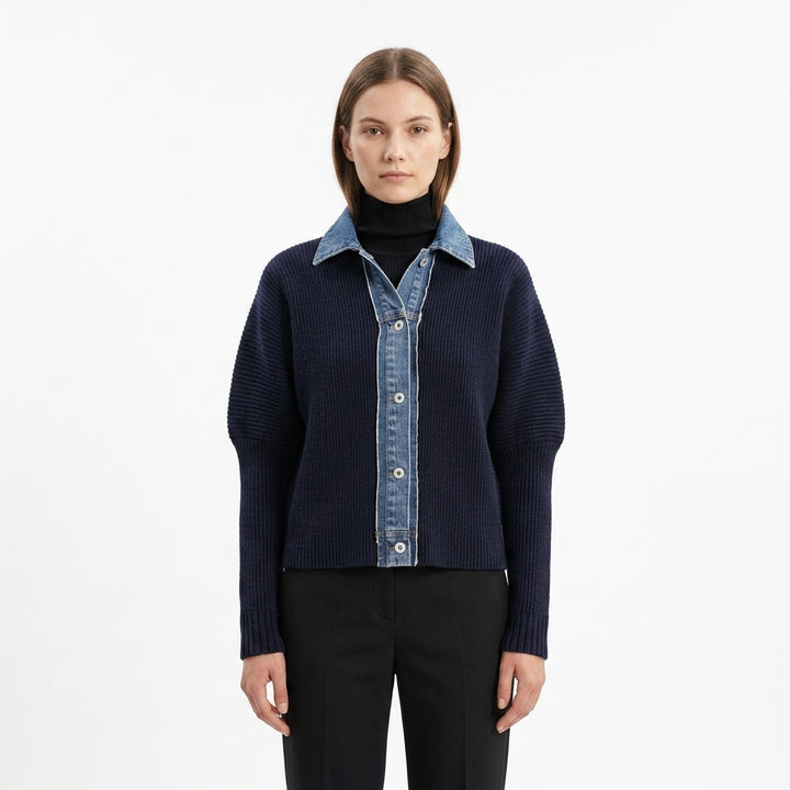 Ribbed knit cardigan with denim hybrid trim — Studio - Clean | Generated by Modelize