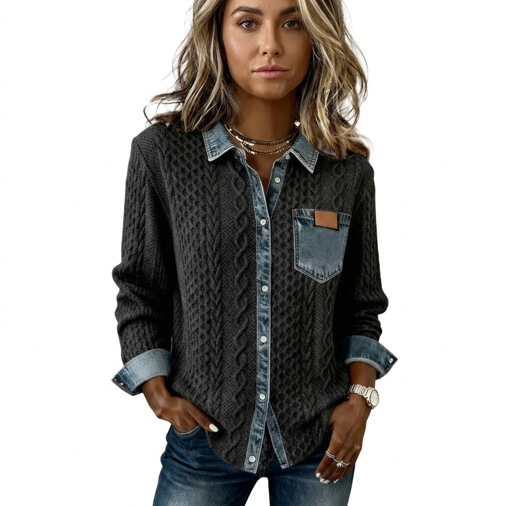 Cable-knit button blouse with denim accents — Studio - Clean | Generated by Modelize