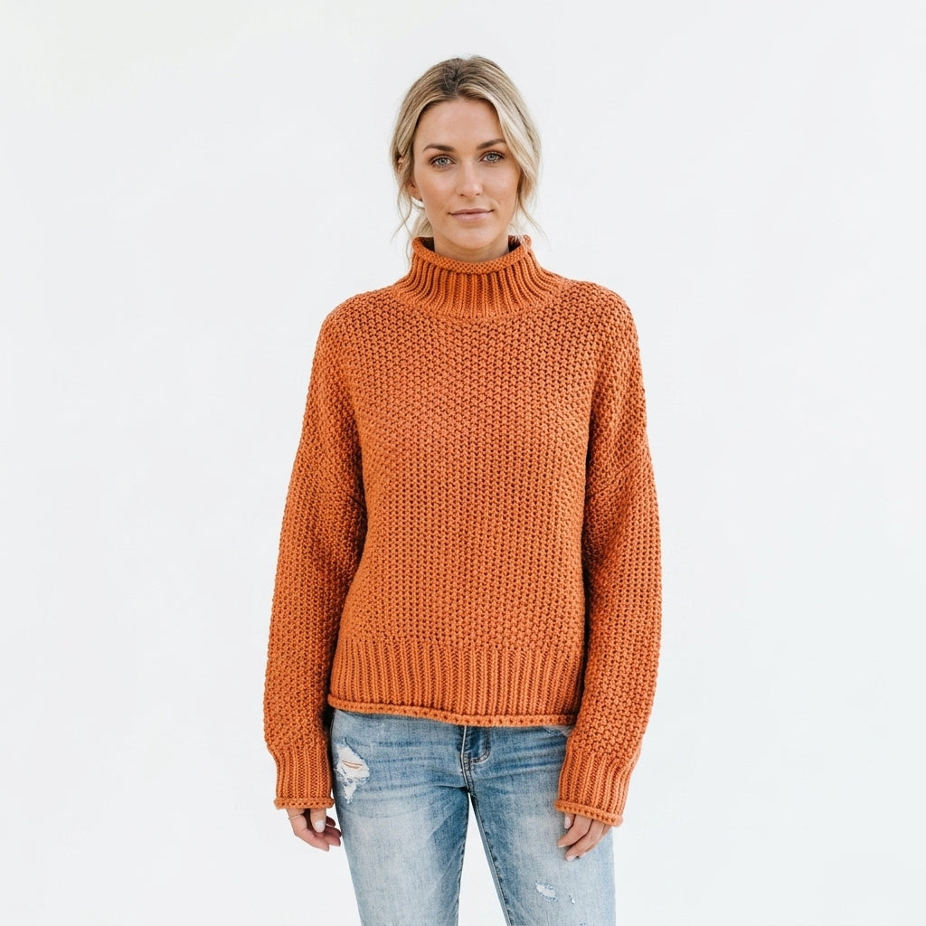 High-neck draped sweater — Studio - Clean | Generated by Modelize