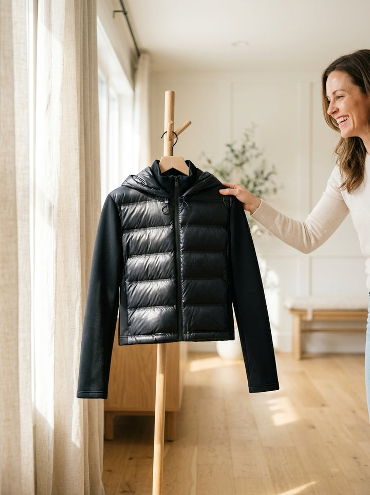 Hybrid Hooded Puffer Jacket — Lifestyle Entryway Context | Generated by Modelize