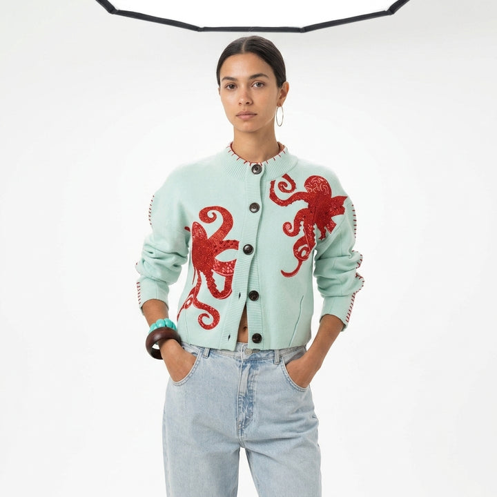 Patterned Knit Cardigan — Studio - Clean | Generated by Modelize