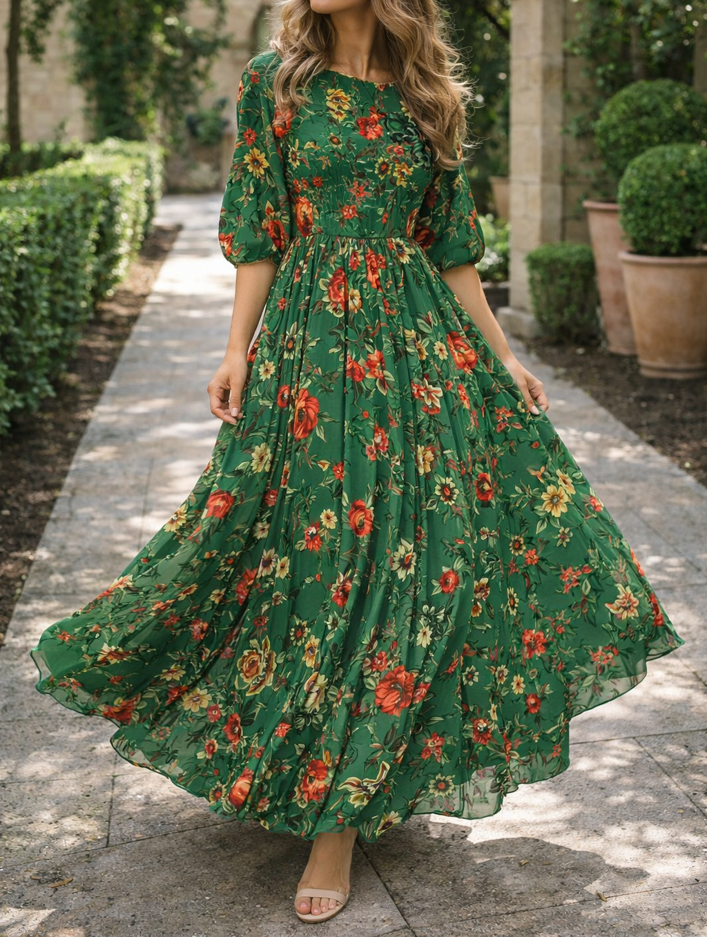 Xenia — Puff-Sleeve A-Line Maxi Dress