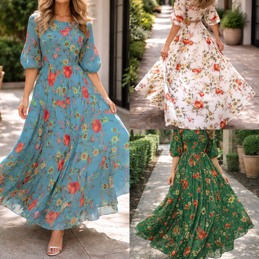 Xenia — Puff-Sleeve A-Line Maxi Dress