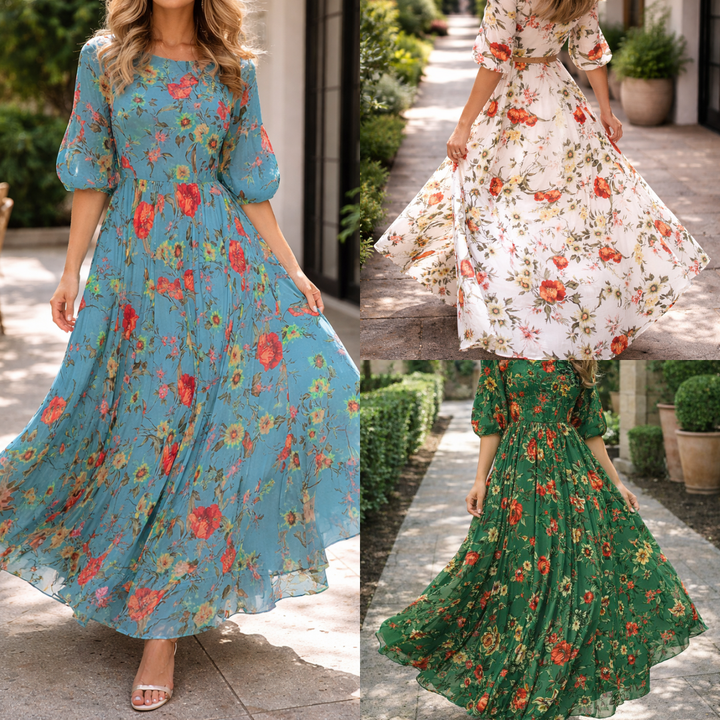 Xenia — Puff-Sleeve A-Line Maxi Dress